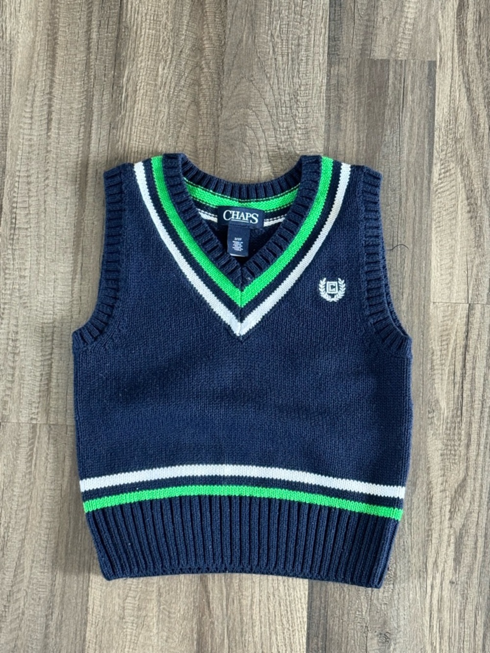 Chaps Navy Sweater Vest with Green & White Stripes